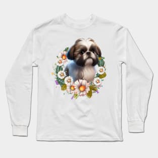 Floral Shih Tzu Long Sleeve T-Shirt